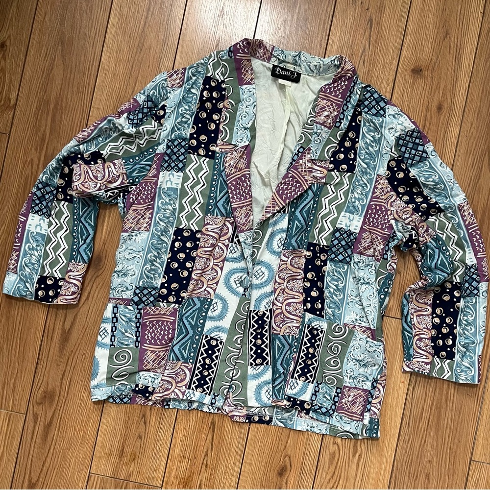 VTG 80s Dani J. Funky Patterned 3/4 Sleeve Blazer - Cool Tones | Sz: 14